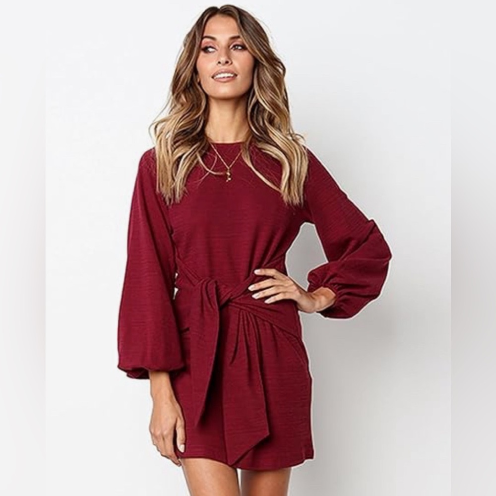Prettygarden Garnet Red Mini Dress Tie Front Puff Long Sleeve L